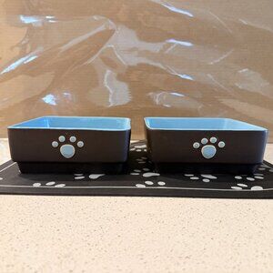 Ethical Products Spot Four Square Dog Dish in blue, paired with a pet food mat.